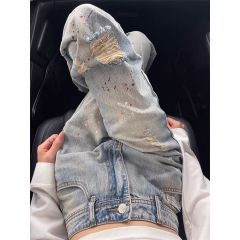 鲁雅尔微喇牛仔裤女春夏季泼墨破洞直筒裤高腰宽松显瘦窄版小个子长裤子 蓝色 M （建议90斤到110斤）                
                收藏 M （建议90斤到110斤）